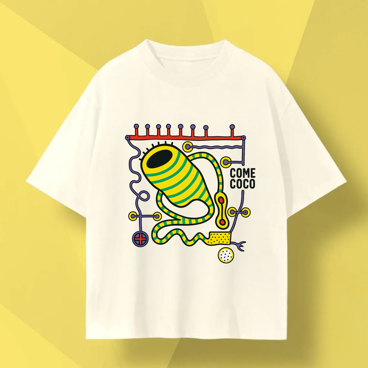 Faux Naive T-shirt featuring Come Coco Abstract Design in colorful graphics on a cream background.