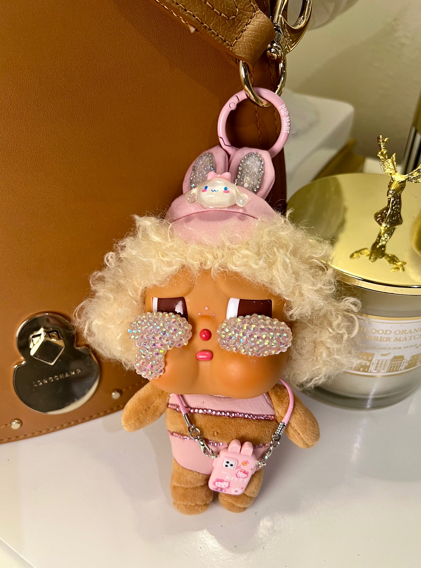 {{ product_title }} | custom design by CredenzArt. Bedazzled tears and pink rhinestones, handmade gift for pop mart fans