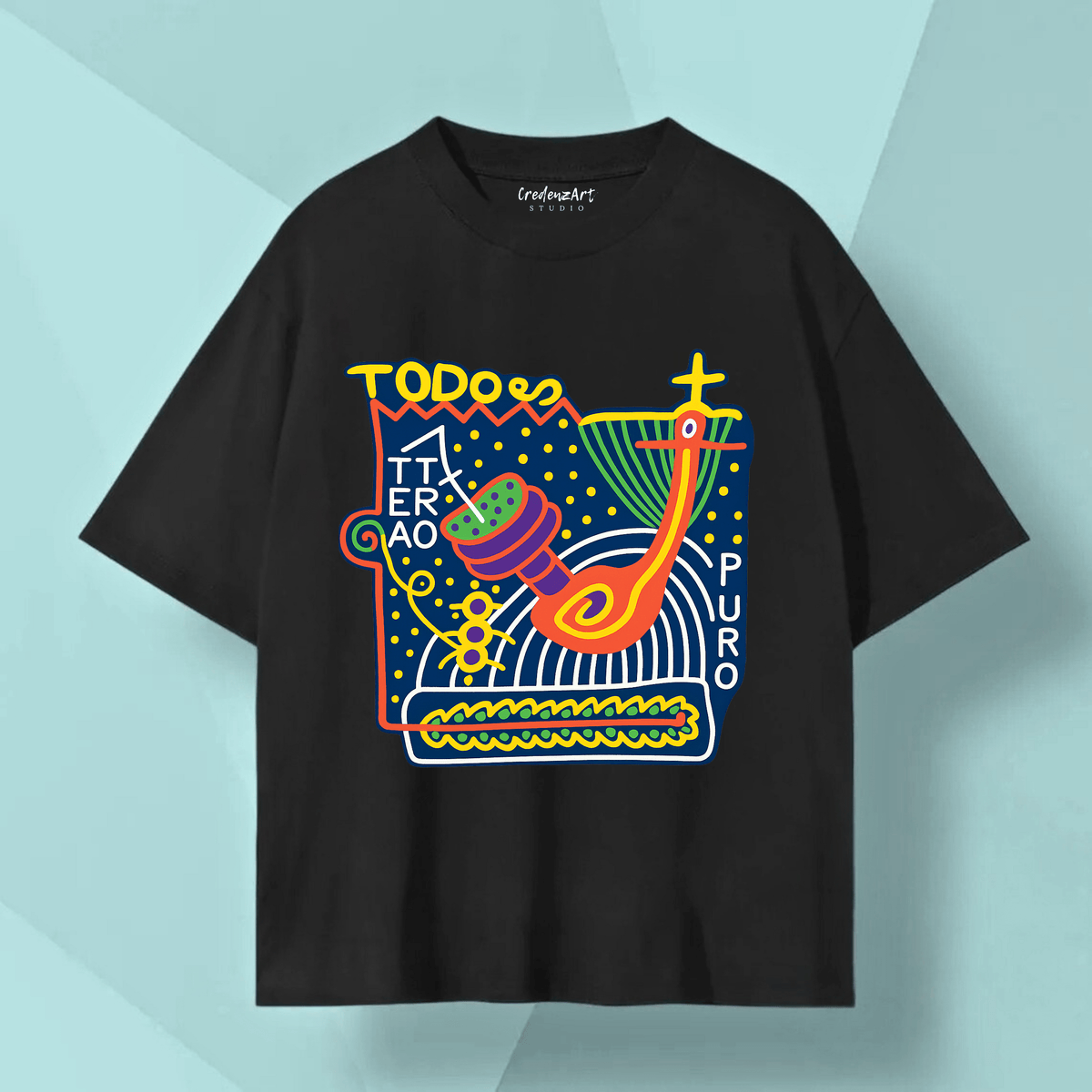 TODO ES UN TEATRO Shirt featuring colorful graphic design on a black unisex t-shirt by CredenzArt.