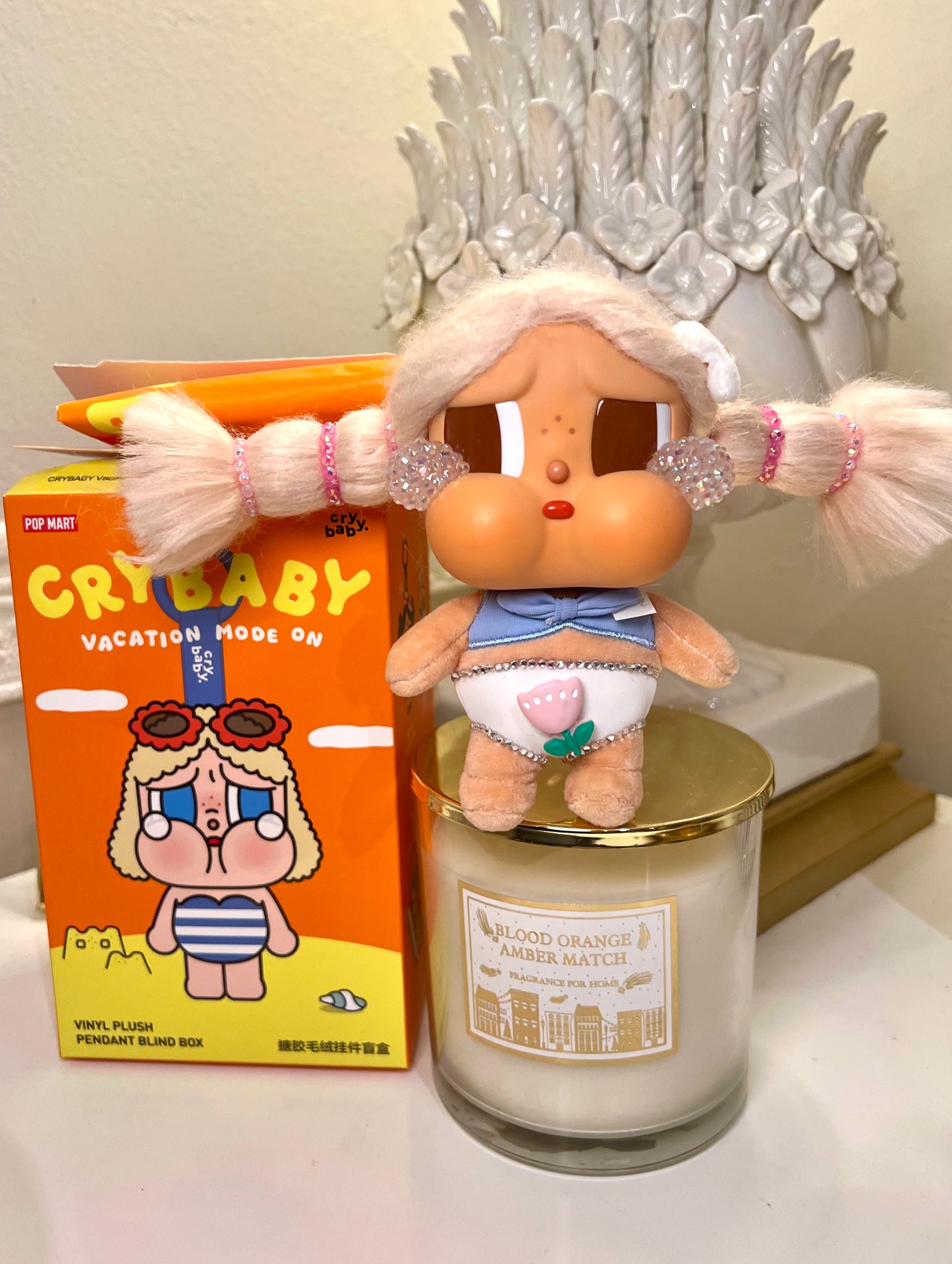 custom crybaby figurine styled with home decor | handmade pop mart character