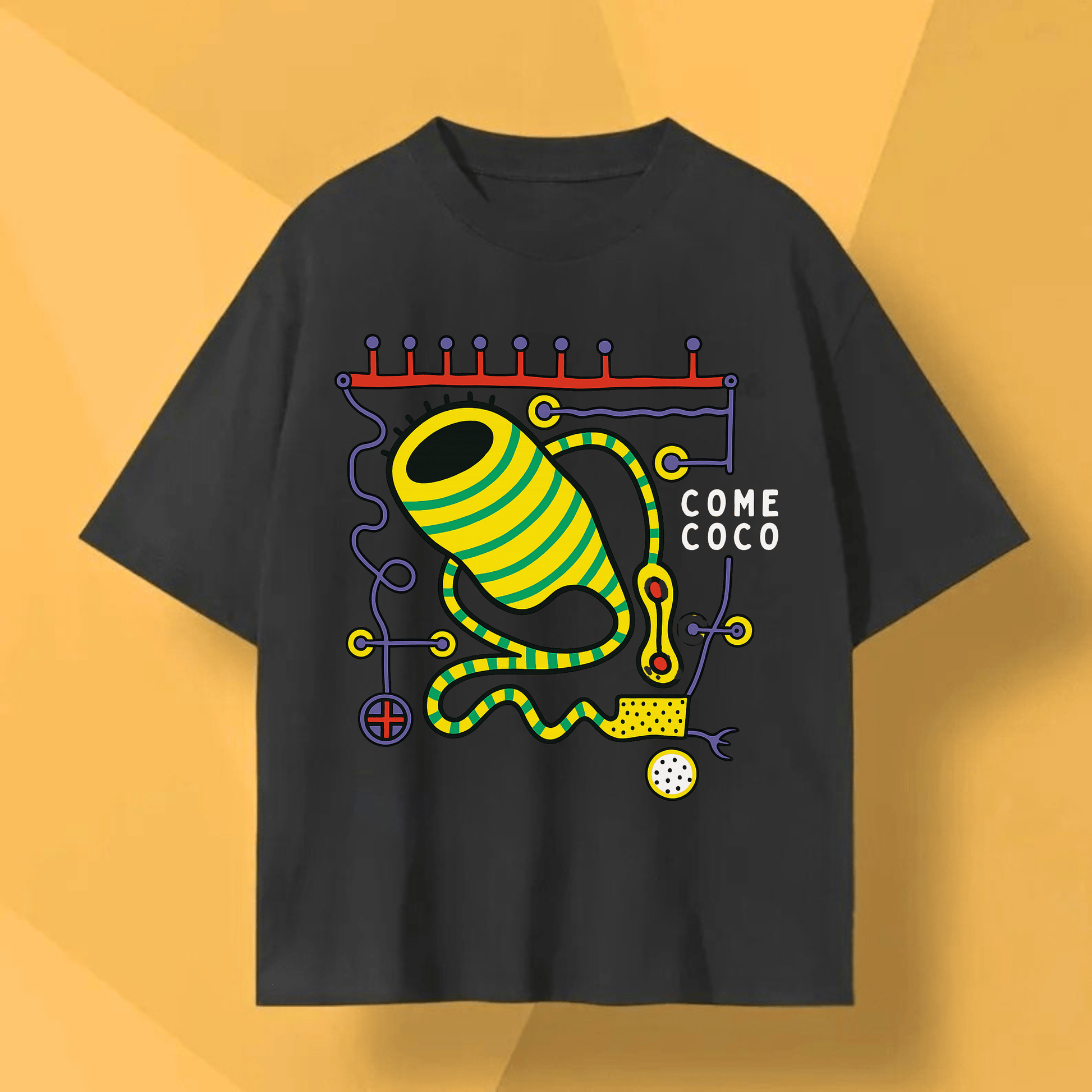 Faux Naive T-shirt featuring Come Coco Abstract Design by CredenzArt, colorful surreal techno-organic art.