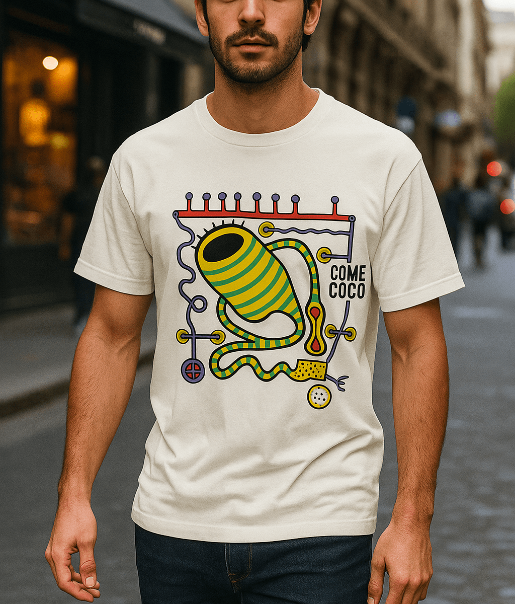 Faux Naive T-shirt featuring Come Coco abstract design, a quirky fashion tee with surreal art that symbolizes mental circuits.