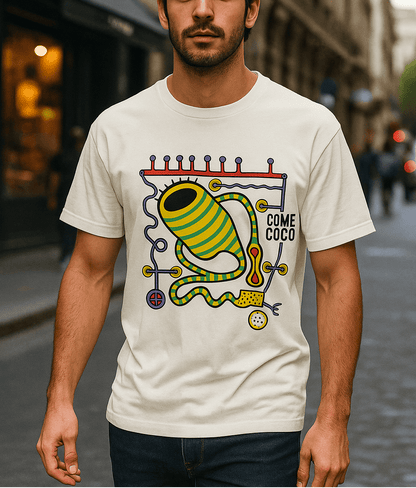 Faux Naive T-shirt featuring Come Coco abstract design, a quirky fashion tee with surreal art that symbolizes mental circuits.
