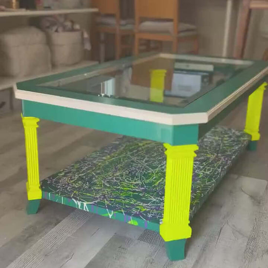 Pop Art Coffee Table: Neon Painted Handmade Modern Furniture showcasing vibrant colors and geometric design in a stylish living room.