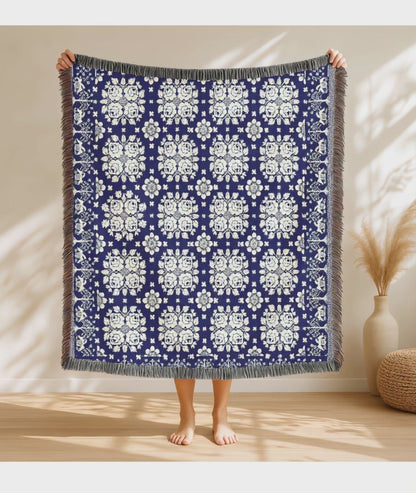 Gewebte Decke Rosenmedaillons & Adler-Obstbäume-Deckentuch aus dem 19. Jahrhundert