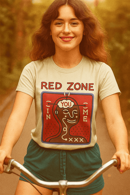 Barcelona grafic tee featuring Red Zone graphic with a retro design, modeled by a woman on a bike in a warm setting.