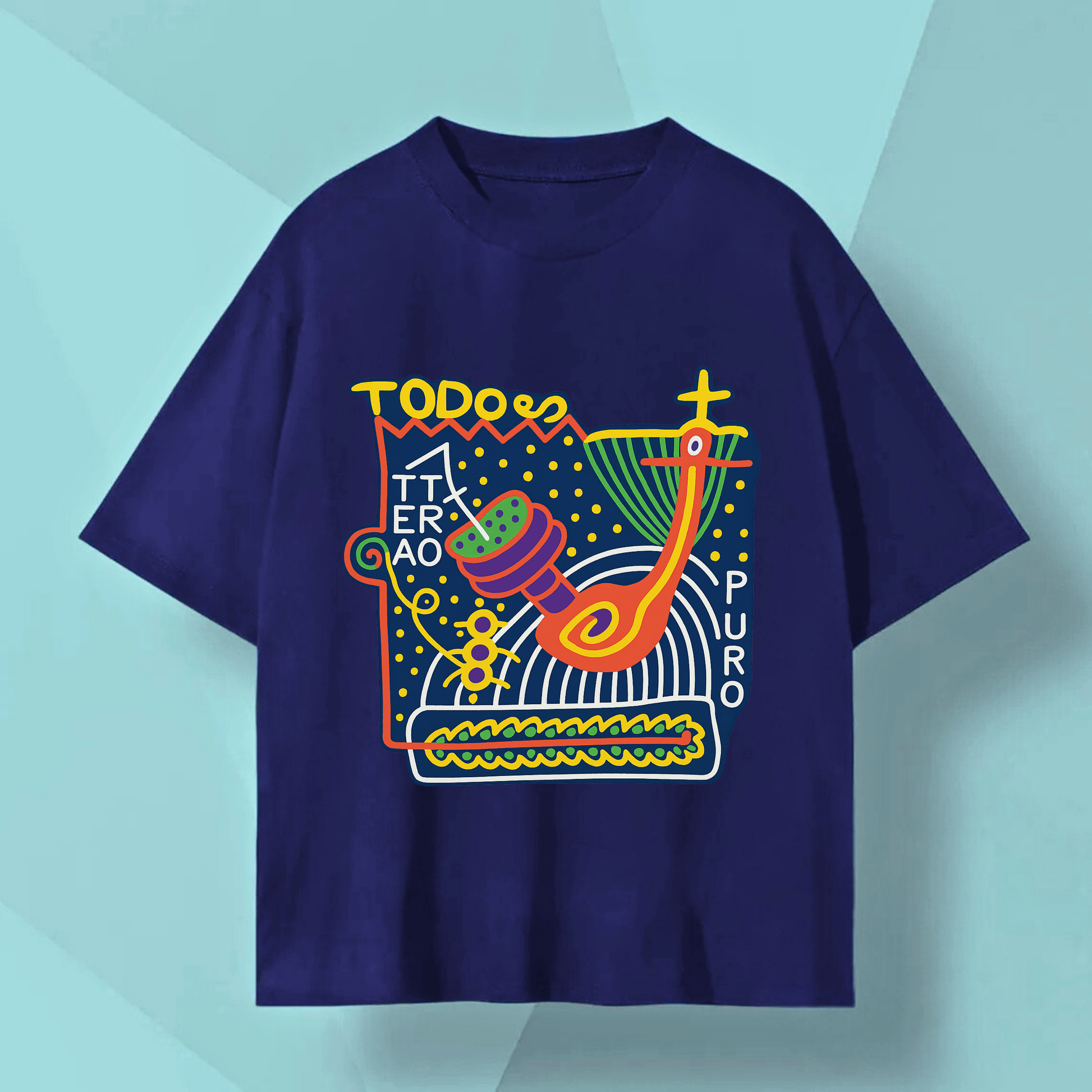 TODO ES UN TEATRO Shirt featuring colorful graphic design on a unisex navy softstyle T-shirt.