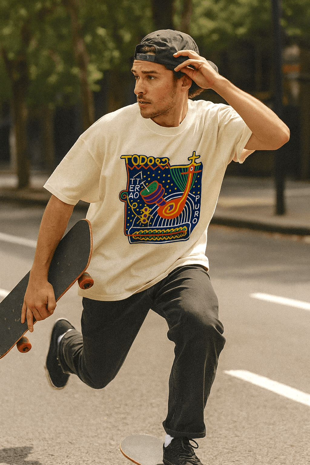 A man skateboarding in a city street wearing a TODO ES UN TEATRO Shirt with a bold graphic design.