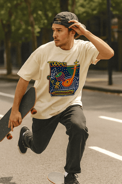 A man skateboarding in a city street wearing a TODO ES UN TEATRO Shirt with a bold graphic design.
